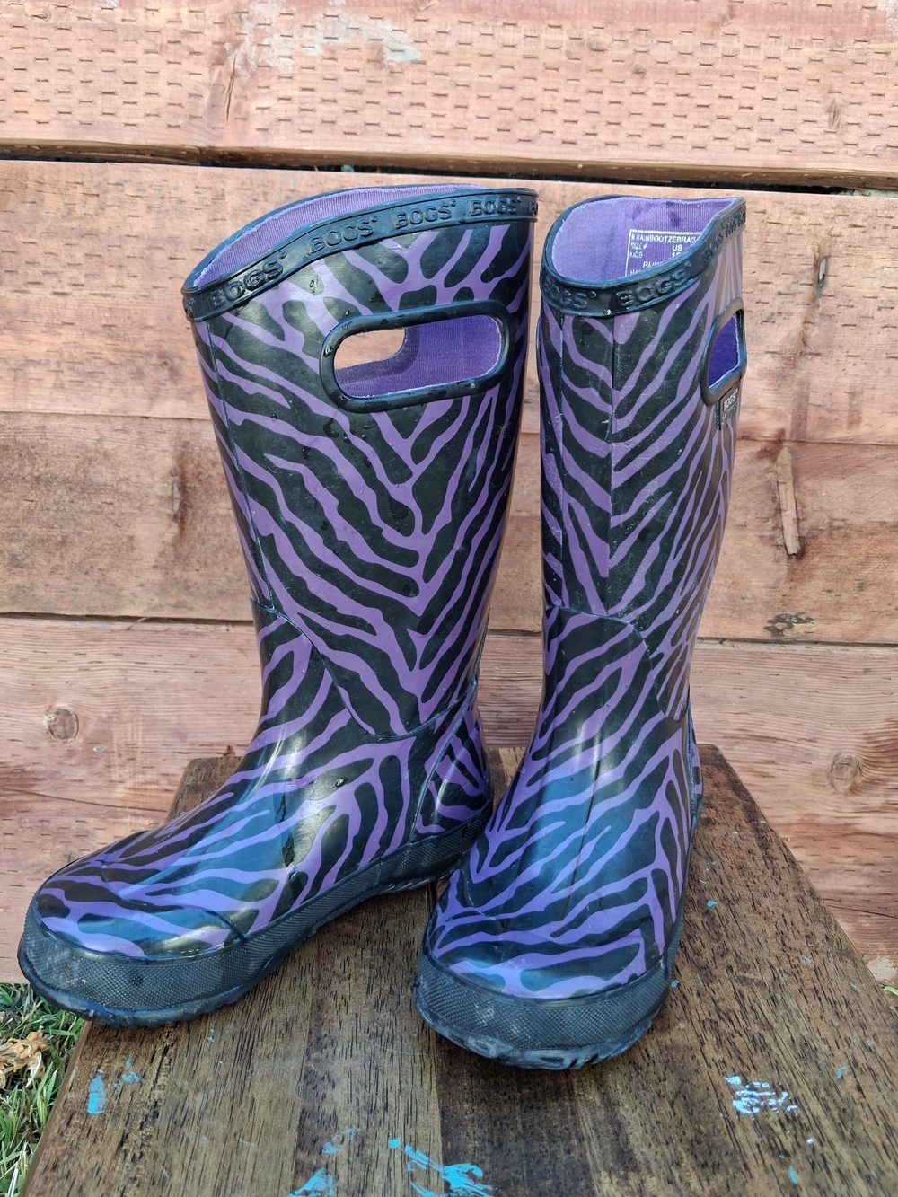 BOGS Purple Zebra Kids Rain Boots with Handles